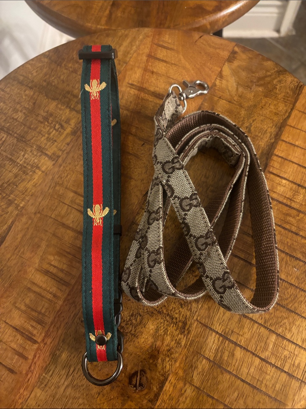 Dog Collar Green  and Red Web Stripe Strap with Gold Bee & Brown GG Luxury Leash